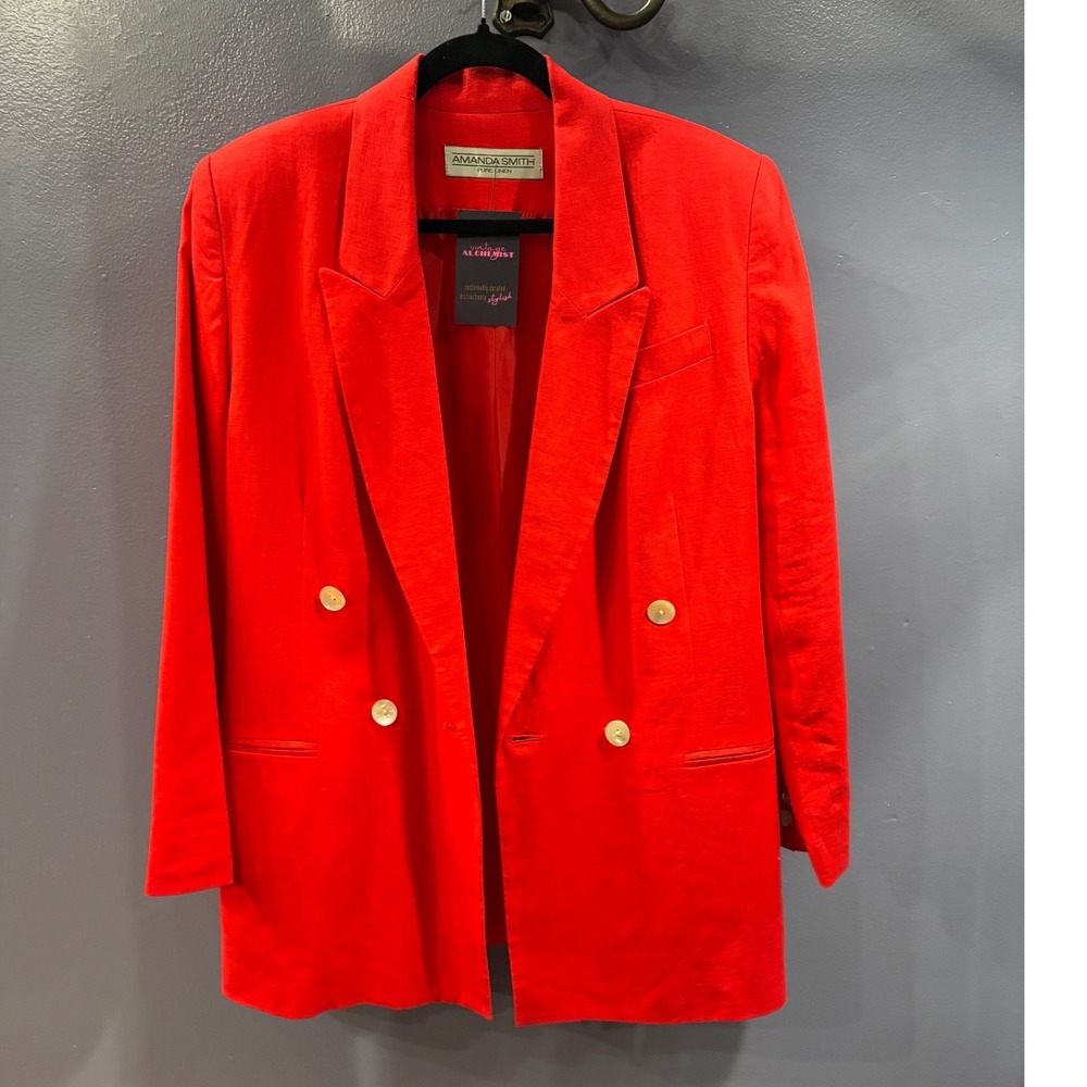 Amanda Smith Red Pure Linen Oversized Longline Blazer 90s Vintage Womens M
